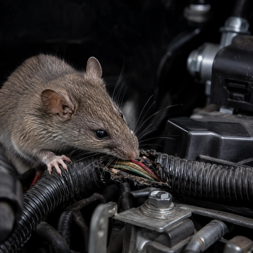 Illustration of a rodent chewing vehicle wiring