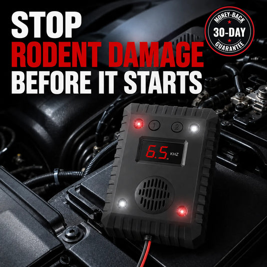 Ultrasonic rodent repeller with LED flash in a car engine bay, 30-day money-back guarantee