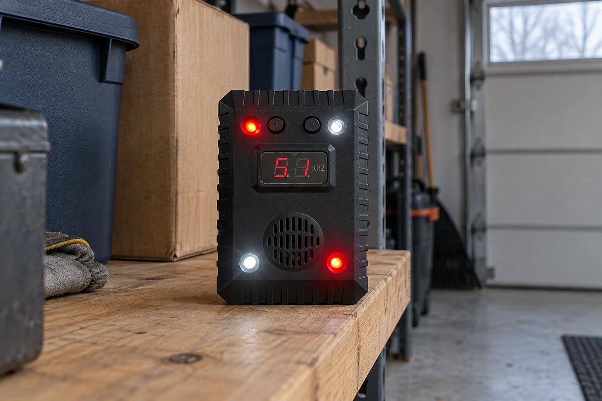 Rodent repeller positioned on an unobstructed garage shelf